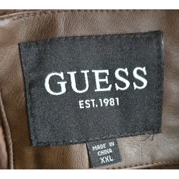 GUESS Mens Faux Leather Hooded Moto Jacket Brown XXL Zip Hood Wind Water Resist - Picture 13 of 16
